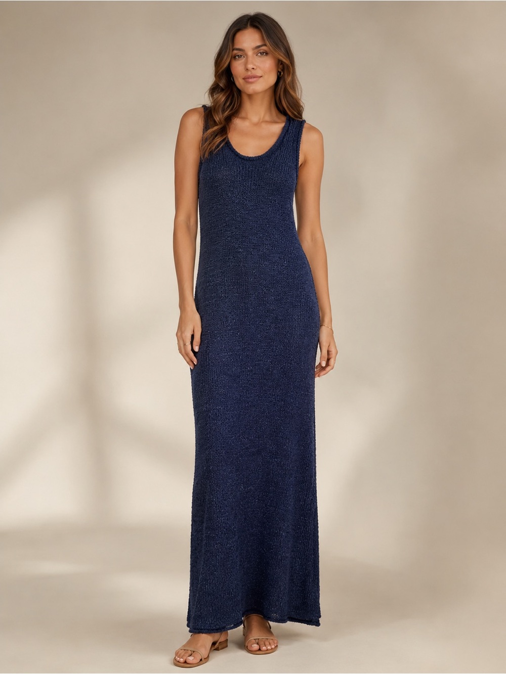 Anthropologie Self Contrast Navy Knit Maxi Dress Sleeveless